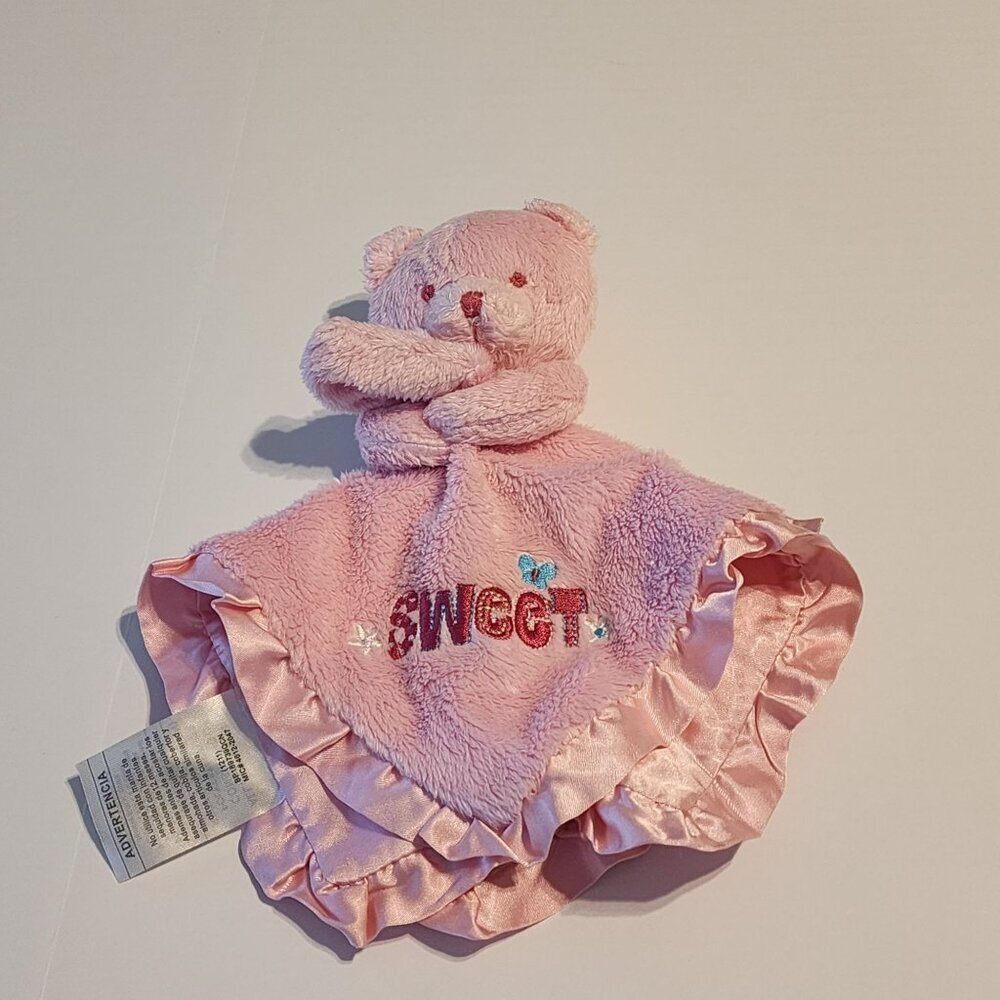 Gerber baby bear pink eyes Sweet security blanket lovey satin trim reverse